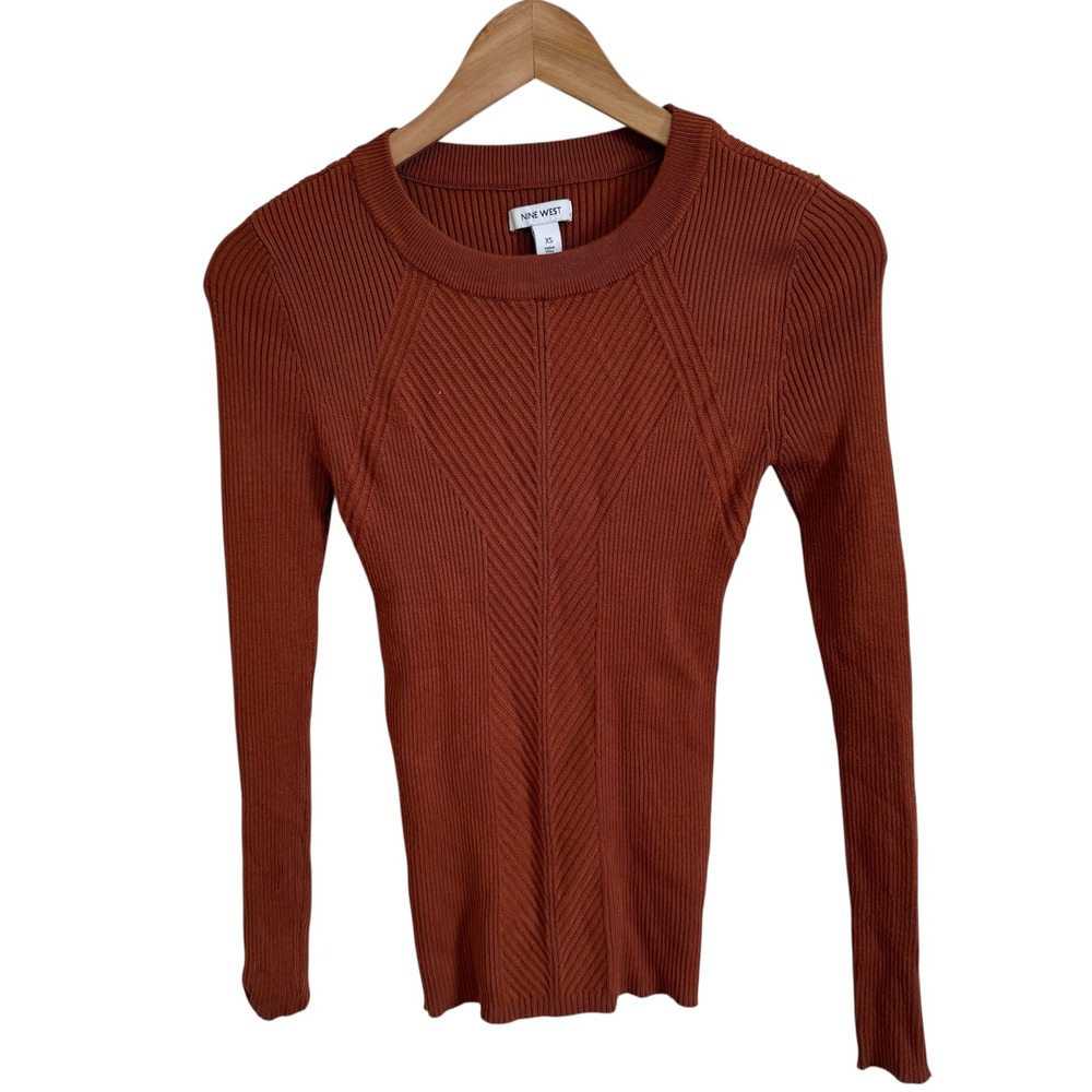 Nine West Rust Ribbed Knit Long‎ Sleeve Top Chevron Detail XS